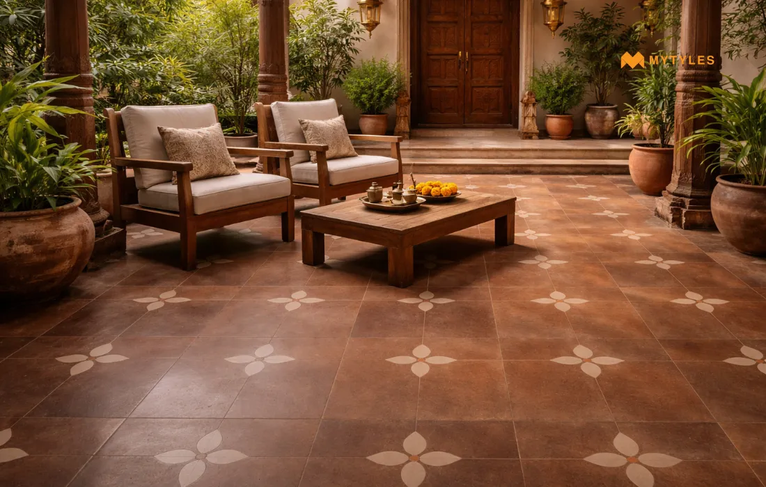 Brown Athangudi Tile in Home Entrance